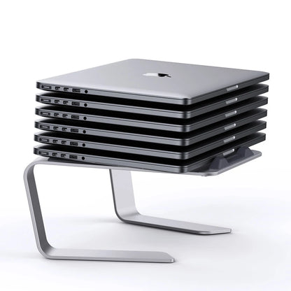 Adjustable aluminum laptop stand with a sleek design, offering ergonomic support for notebooks and tablets, perfect for improved posture and heat dissipation.