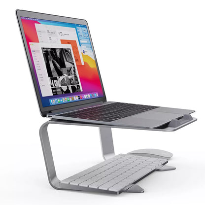 Adjustable aluminum laptop stand with a sleek design, offering ergonomic support for notebooks and tablets, perfect for improved posture and heat dissipation.

