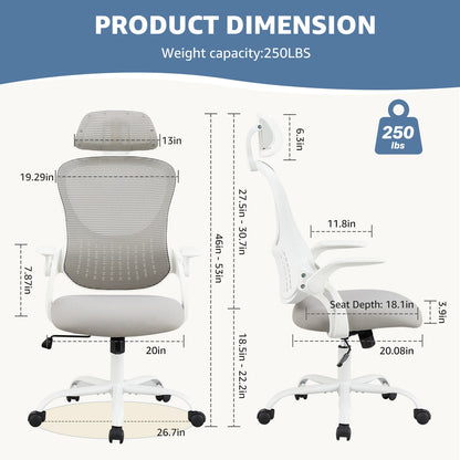 Ergonomic Mesh Office Chair with Flip-up Arms and Adjustable Headrest - KOSALI