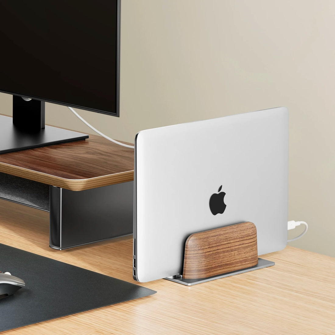 Black Walnut &amp; Aluminum Vertical Laptop Stand – Compatible with MacBook, Surface, HP, Dell - KOSALI