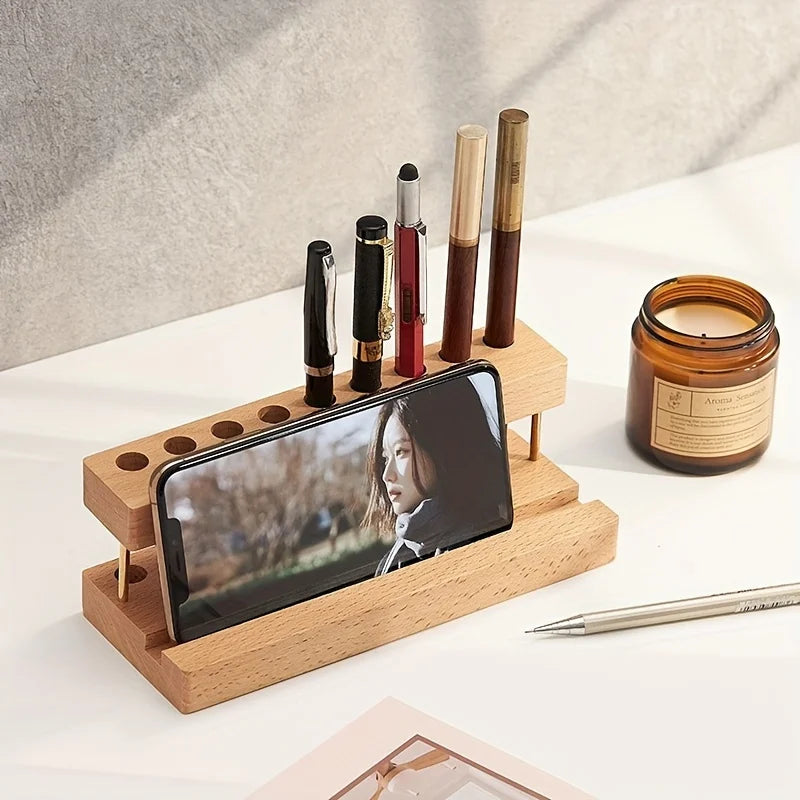 Walnut Wood Multifunction Desk Organizer - Pen Holder, Phone Stand &amp; Storage Solution for Office and School - KOSALI